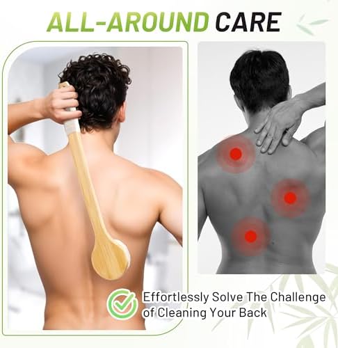 Back Brush for Shower, 17.32'' Long Handle Soft Bristles for Sensitive Skin, Effective for Cleansing, Non Slip Grip, Wall Mounted Dry Quickly, Exfoliation Body Scrubber for Men/Women/Elderly