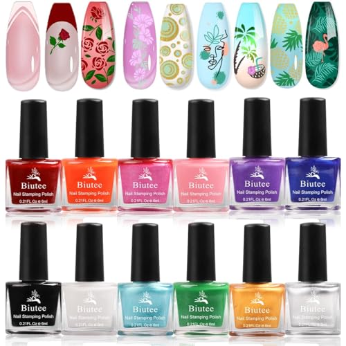 Biutee Nail Stamping Polish 12 Colors 6ML for Stamping Plates Air Dry With Gift Box