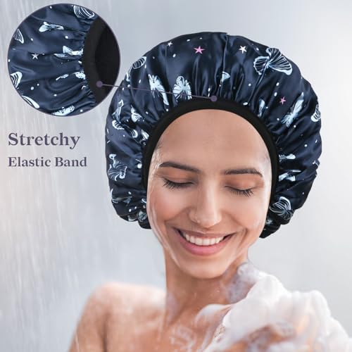 Blue Butterfly Print Satin Shower Cap, Three-Layer Terry Cloth Lined, with Silk Hair Ties, Microfiber Waterproof Reusable Large Size Shower Cap for Women Long Thick Hair