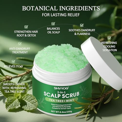 SHVYOG Scalp & Body Scrub, Tea Tree Exfoliator Scrub Shampoo with Peppermint & Sea Salt, Anti-Dandruff Detox Clarifying Exfoliator for Build Up, Itchy Scalp, Oily & Dry Hair with Scalp Massager