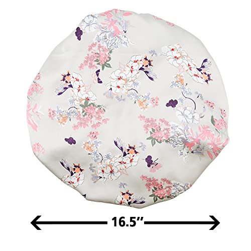 Satin Braid Bonnet Double Layer Sleep Cap Scruchie, Silky Night Hat Large Bonnet for Women Curly, Long Natural Hair Dreadlocks, Braids, Locs Sleeping (Silver Flowers)