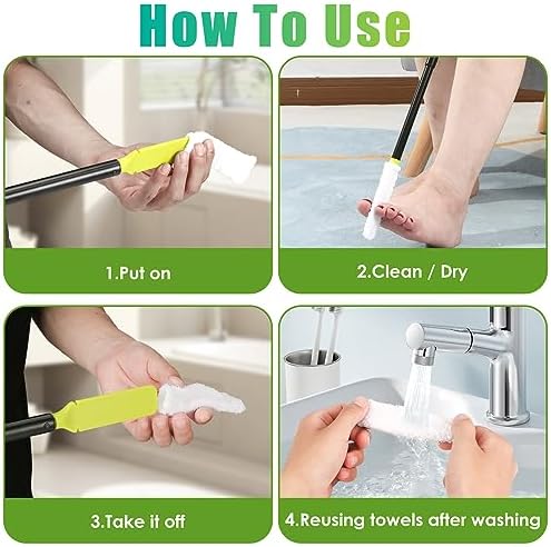 Toe Cleaning Brush,Foot Brush with Reusable Drying Covers.Foot Scrubber with Telescopic Aluminum Alloy 12"-24",Long- Handled Toe Lotion Applicator for Seniors,Elderly, Disabled Men and Women