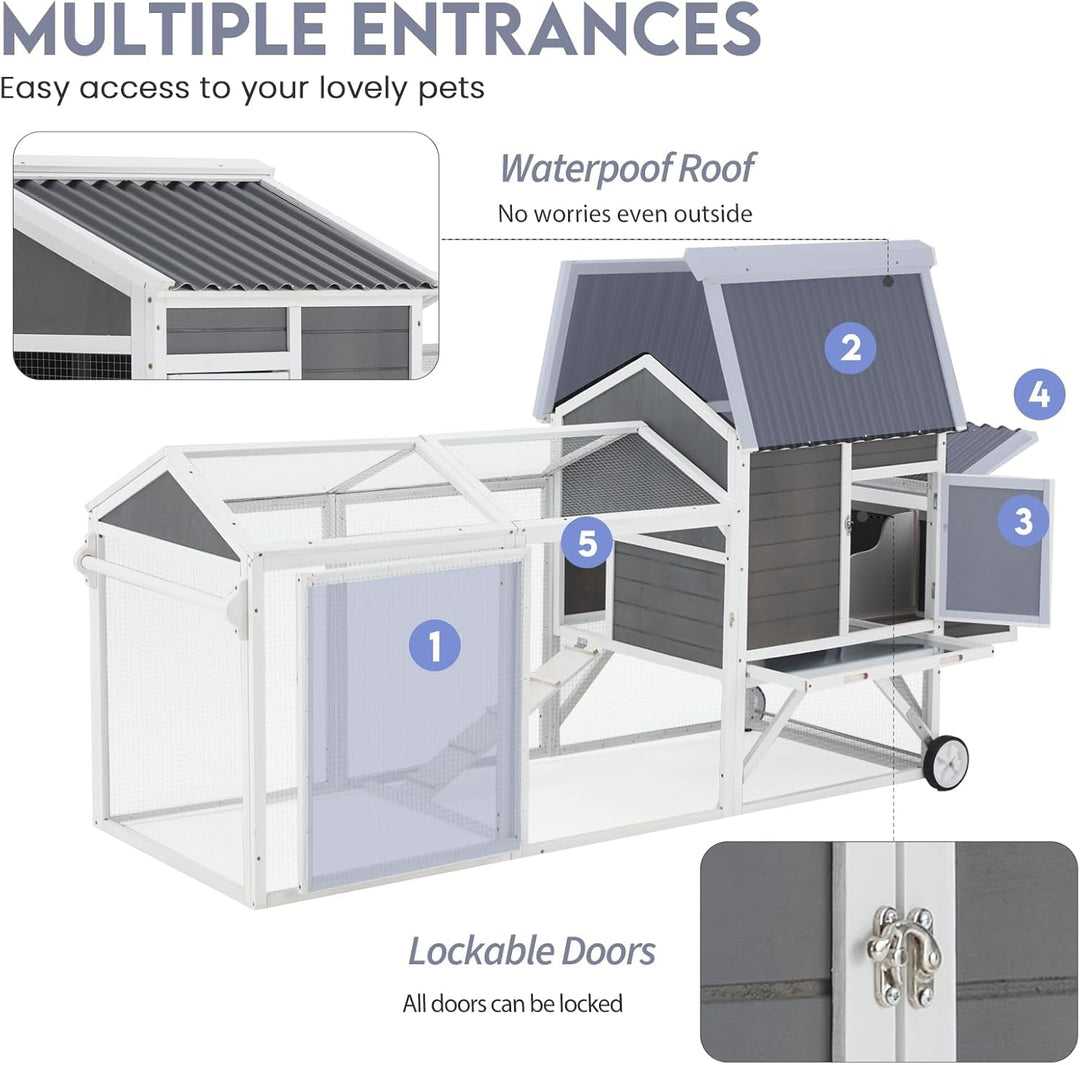 YODOLLA 95“ Chicken Coop with Wheels, Large Wooden Chicken Coop with Run & 2 Nesting Boxes Hen House Poultry Cage Chicken Hutch, Grey&White