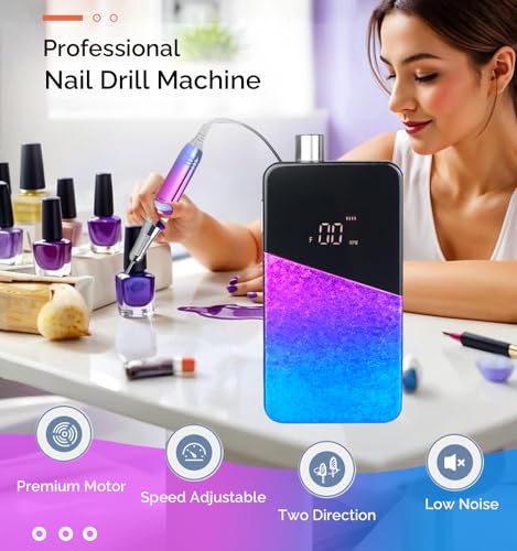 Professional Nail Drill, Lumcrissy 35000RPM Professional Nail File Machine, Rechargeable Efile for Acrylic Gel Nails with Ceramic Drill Bits Set& Sanding Bands for Manicure Salon Home Use