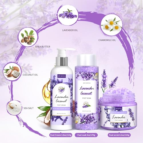 Lavender Foot Soak Set - Salts, Foot File, Scrub & Urea Cream Pedicure Supplies for Dry, Cracked Feet - Women's Spa Kit