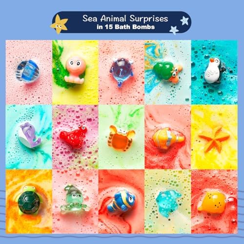 Sea Surprise Bath Bombs for Kids – 15 Pack Fizzy Gift Set with Hidden Ocean Toys, Gentle & Scented, Kid-Safe & Fun Bath Time, Great Summer Treats & Birthday Gifts for Boys and Girls