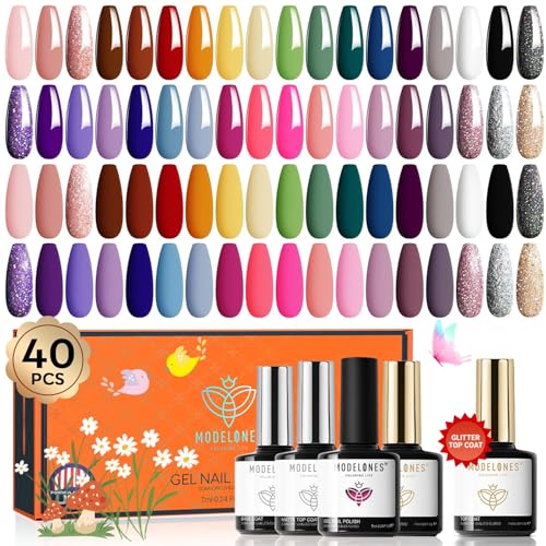 modelones 40 PCS Gel Nail Polish Set, 36 Colors Summer White Yellow Green Hot Pink Gel Polish Kit Nude Brown Black Red Glitter Nail Polish W Base& Matte& Glitter& Glossy Top Coat LED Soapnails Gift