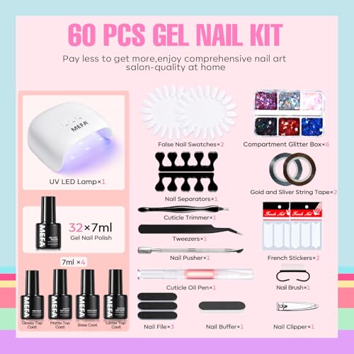 MEFA 60 Pcs Gel Nail Polish Kit with U V Light, 32 Colors Classic Popular Nail Kit Soak Off Nail Polish Gel Set with Matte/Glossy Base Top Coat Easter Decorations Manicure Tools Gifts for Women