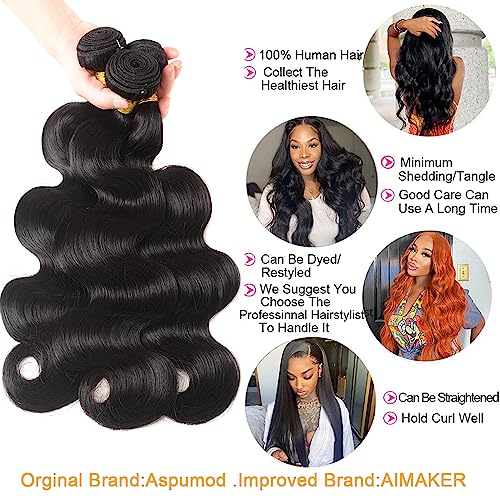 Aspumod 12A Human Hair Bundles Body Wave 3 Bundles Human Hair 16 18 20 Inch 100% Unprocessed Brazilian Virgin Hair Bundles Deals Human Hair Weave Body Wave Human Hair Extensions Natural Color
