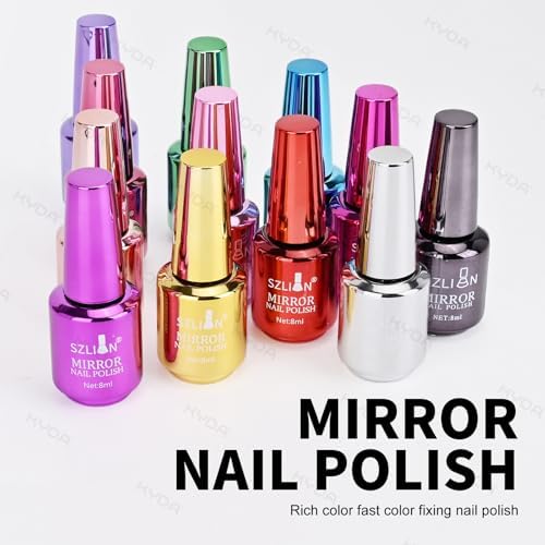 Ownest 12 Colors Mirror Nail Polish Set, Mirror Effect Long Lasting Gorgeous Glossy Manicure Nail Art Decoration, Brilliant Manicure Effect Nail Lacquers Kit-12pcs