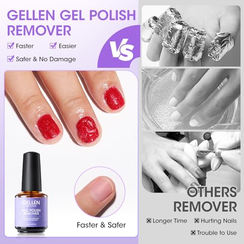 Gellen Gel Polish Remover Kit for Nails, 3-5 minutes Easy Quick Removal with Peel Off Liquid Latex Tape and Nail Strengthener Serum Repair Nourishing Thin Nails, No Need for Wrapping or Soaking