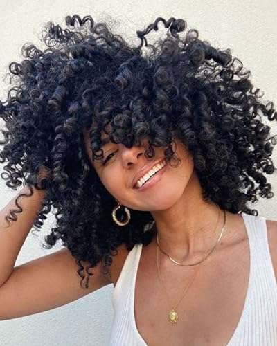 Marshey Afro Curly Wigs with Bangs for Black Women Kinky Curly Synthetic Hair Heat Resistant 12 Inch Short Ginger Wig for Daily Party (Black)
