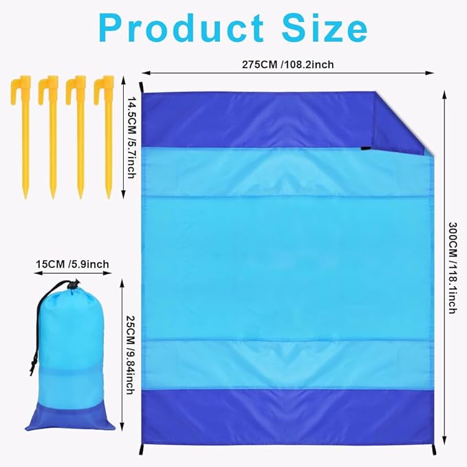 Beach Blanket Beach Mat, Sandproof Waterproof Beach Mat, Extra Large 108 * 118 in (8-10People) Picnic Blanket with 1 Storage Bag, 1 Carabiner & 4 Fixed Nails for Beach, Camping, Hiking, Picnic