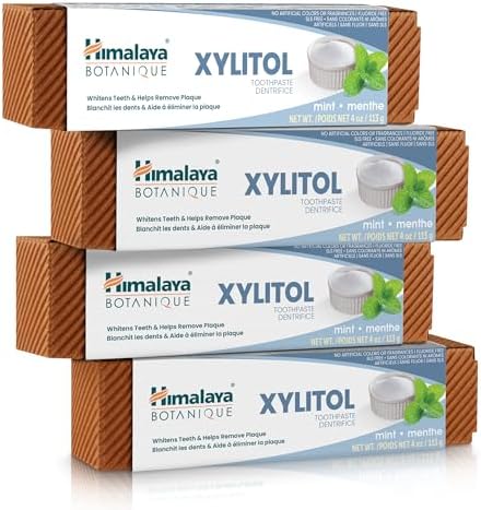 Himalaya Botanique Whitening Antiplaque Toothpaste with Xylitol, Fluoride Free, for Plaque Reduction & Gentle Whitening, 4 oz, 4 Pack