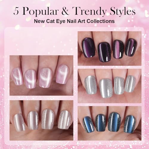 Vansiho 300Pcs Cat Eye Press on Nails, Glossy Glitter Cat Eye Designs Nail Tips for Women, Short Square Soft Gel Fake Nails, for Women and Girls Glossy Reusable Nail Tips in 15 Sizes