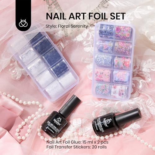 Beetles Nail Foil Glue Gel 2Pcs 15ml with 20 Pcs Lace Flower Butterfly Stickers Transfer White Black Lace Nail Foil Set, LED Lamp Soak Off DIY Manicure Gifts for Women