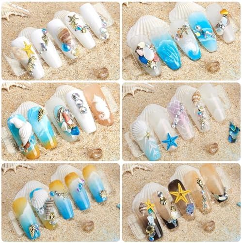 3 Boxes 3D Mixed Ocean Theme Nail Art Rhinestones Accessories Summer Beach Shell Starfish Conch Sea Series Sequin Nail Art Charms with Tweezers for DIY Nail Art Designs Manicure Decoration