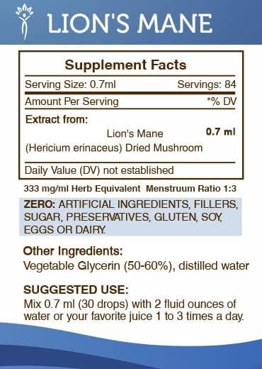 Secrets of the Tribe Lion's Mane Alcohol-Free Tincture Extract, Lion's Mane (Hericium erinaceus) Dried Mushroom Tincture Supplement (2 fl oz)