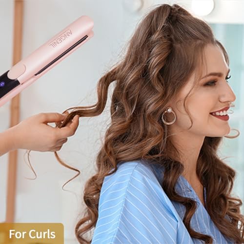 ANGENIL Flat Iron Hair Straightener and Curler 2 in 1, Titanium Dual Voltage Pink Hair Straightener, Anti-Scald Silicone Ionic Flat Iron with Heat Resistant Silicone Mat and Facial Cleansing Brushes