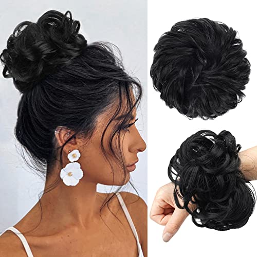 FESHFEN Messy Bun Hair Piece - Large Wavy Curly Elastic Hair Bun Scrunchies Ponytail Extensions Synthetic Chignon Hairpieces for Women, Chocolate Brown with Dark Brown 1.94oz