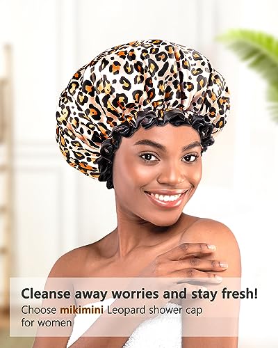 mikimini Leopard Large Shower Caps Pack of 2, Shower Cap for Women Long Hair with Black Lace, Double-layer Waterproof, Reusable, Washable