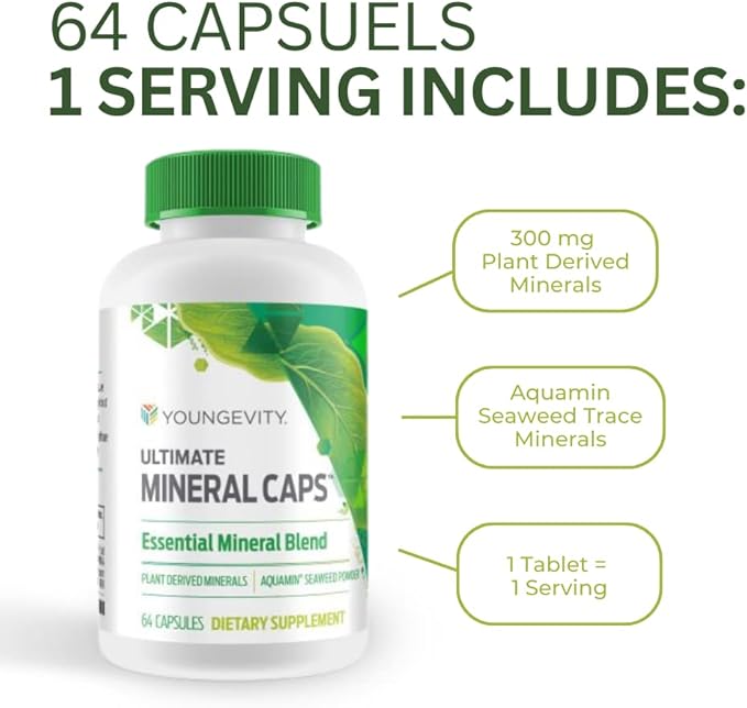 Youngevity Ultimate Mineral Caps™ - 70+ Essential Full Spectrum Trace Minerals - Nutrient-Dense, Derived from Humic & Aquamin Seaweed (64 Capsule)