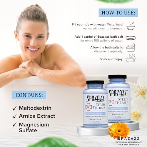 Spazazz Rx Stress Therapy Natural Spa & Bath Salt Aromatherapy Crystals- 2 Pack 19oz De-Stress - Calming & Relaxing Natural Aroma & Magnesium Mineral Bathing Salts - Safe for Your Hot Tub