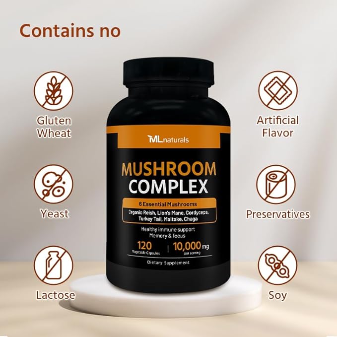 Mushrooms Complex 120 Vegetable Capsules. 6 Essential Mushrooms: Organic Reishi, Lion's Mane, Cordyceps, Turkey Tail, Maitake, Chaga. Healthy Immune Support. Non-GMO.