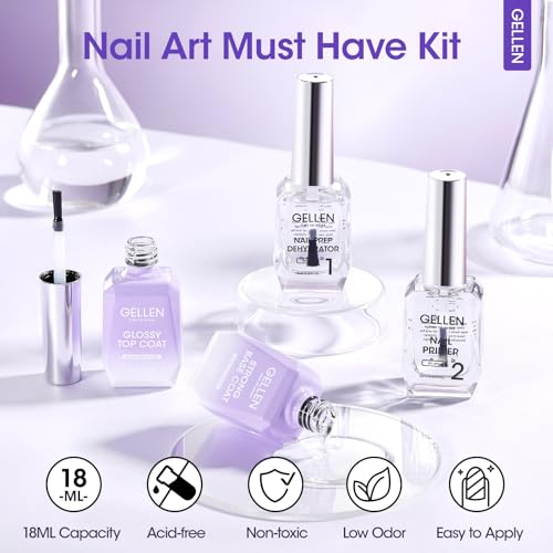 Gellen Nail Dehydrator and Primer with Base Coat Top Coat, Acid-Free Hema-free Nail Prep Dehydrator Primer 18ml UV Superior Glossy Top Coat for Acrylic Gel Nail Polish Nail Art Supplies Gift for Women