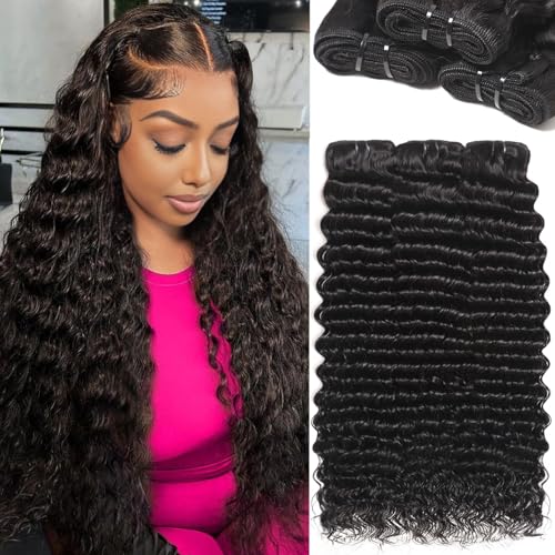 12A Deep Wave Human Hair Bundles 22 24 26 Inch Brazilian Virgin Depp Weave Curly Bundles Human Hair 3 Pcs 100% Unprocessed Virgin Remy Hair Natural Black Water Wave Human Hair Extensions