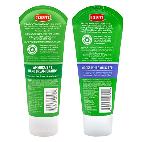 O'Keeffe's Working Hands Hand Cream Plus Night Treatment Cream Bundle - 3 oz Tubes (2 total) - Repairing Skincare for Cracked, Dry Hands