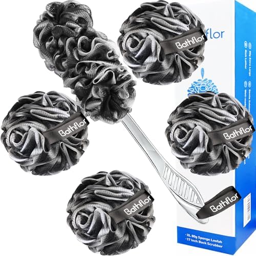 Loofah Sponge Exfoliating Body Scrubber: 4PCS Extra Large 80g Shower Loofahs Poufs, 1PCS Long Handle Loofa Back Scrubber, 1PCS Luffa Hook, Charcoal Loofah Pack for Women Men Bath Wash, Black