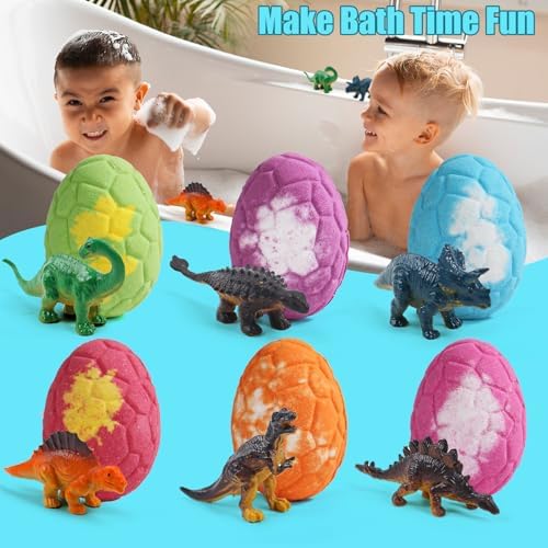 Bath Bombs for Kids with Surprise Inside, 6 Pack Dinosaur Bath Bombs Gift Set, Organic Bubble Bath Fizzies with Dinosaur Egg Toys & Dino Themed Mat, Birthday Gifts for Kids Boys, Girls 3-12