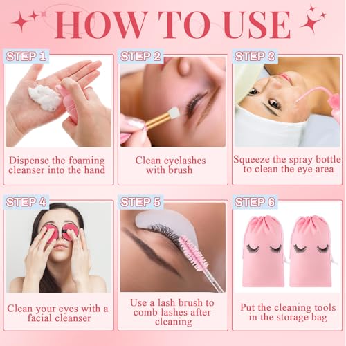 60 Pcs Lash Shampoo Brushes Set 10 Lash Shampoo Brushes 10 Mascara Tubes and Wands 10 Foam Pump Bottle 10 Cleaning Rinse Bottles 10 Makeup Remover Pad 10 Aftercare Drawstring Bag(Pink)