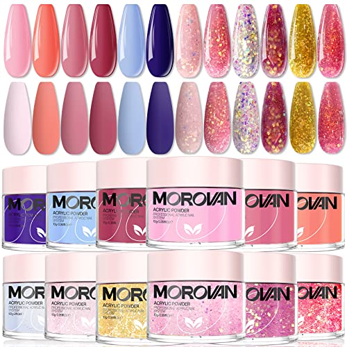 Morovan Acrylic Powder Set - 12 Colors Pure Color and Glitter Professional Polymer Nail Powder for Acrylic Nail Extension Carving