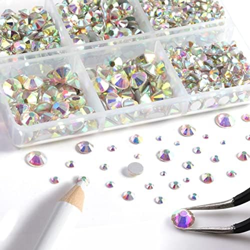 Beadsland 8300PCS Flatback Rhinestones, AB Crystal Rhinestone Round Crystal Rhinestones for Crafts, Mixed 10 Sizes with Wax Pencil and Tweezer Kit, SS3-SS30, Crystal AB