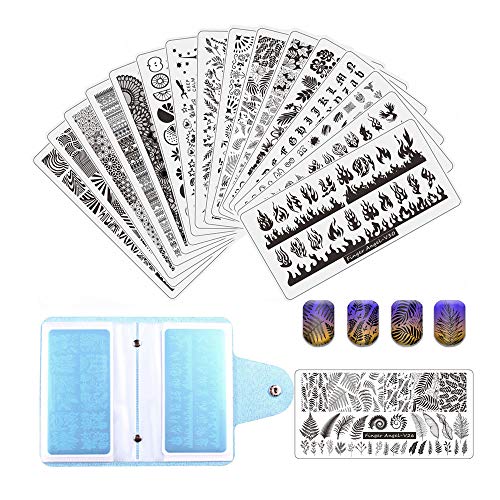 21Pcs Nail Stamp Plate Set 16Pcs Mix Design Stamping nail Art Plate + 2Nail Stamper + 2Scraper+1Pcs Case Nails Art Stamping Plate Scraper Stamper Set Leaves Flowers Nail plate V17-32