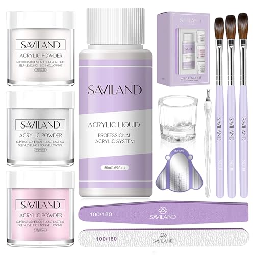 SAVILAND Essentials Acrylic Nail Kit Starter: Acrylic Nail Kit for Beginners with Everything White Pink Clear Acrylic Powder and Liquid Set #8/10/14 Nail Brush Forms Manicure Tools Home Nail Salon DIY
