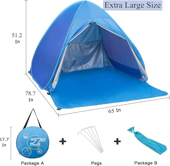Large Pop-Up Beach Tent, Portable Camping Tent Sun Shade Shelter Pop Up Instant Portable Outdoors 2-3 Person Beach Cabana Sets Up in Seconds, Water-Resistant UV Protection Sun Shelter