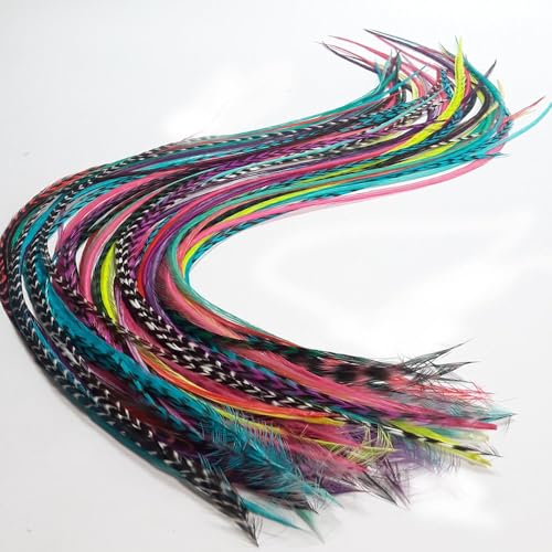 20 Real Feathers Hair Extension Kit - Assorted Colors, Long Natural Thin Feathers, 7”-13” Length, 100% Real Rooster Feathers