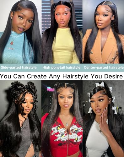 Amyes 30 Inch Straight Lace Front Wigs Human Hair 13x4 HD Lace Front Wig Pre Plucked 200 Density Glueless Wigs for Black Women Synthetic Mixed with Human Hair Wigs （Natural Black）