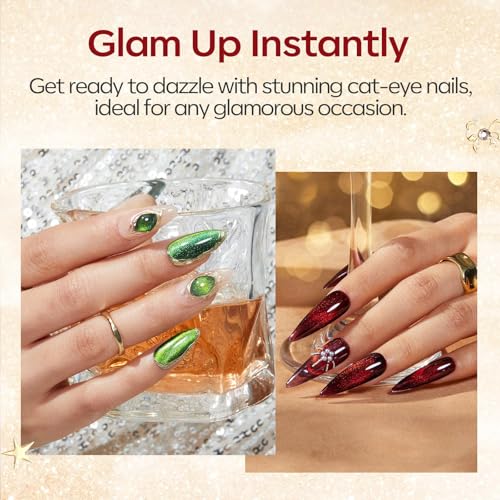 Modelones 8 Colors Gel Nail Polish Kit with U V light, Green Cat Eye Red Gold Sparkle White Glitter Pink Complete Manicure Set Nail Strengthener Base Top Coat Chrome Powder Holiday Gift for Women