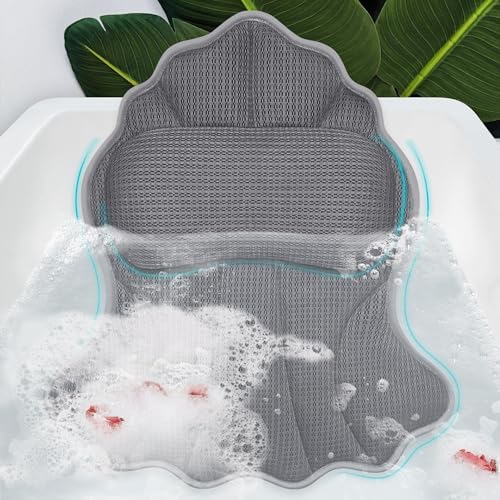 Bath Pillows for Tub, Luxury Bath Pillow Soft 4d Mesh, Bathtub Pillow with 6 Suction Cups, Ergonomic Bath Tub Pillows for Head and Neck, Bath Accessories for Women Relaxation Gifts (Grey)
