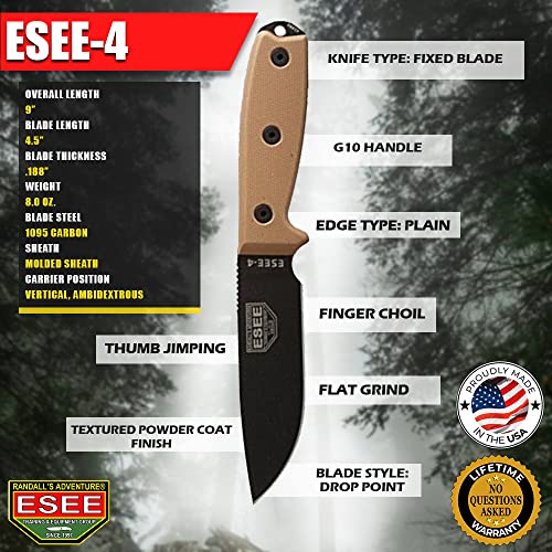 ESEE 4P Survival Knife – Field Tested Fixed Blade Knife with Molded Polymer Sheath & Clip Plate, Full Tang, Plain Edge – Durable Fixed Blade Knife with Sheath for Survival