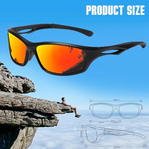 Joopin Wrap Around Sunglasses for Men Women, Lightweight Athletic Sports Sunglasses Polarized UV Protection for Fishing (Black Red Mirrored)