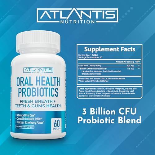 Atlantis Nutrition Oral Probiotics Chewable Tablet - Dental Probiotic for Gum Care & Teeth Care - Bad Breath Treatment for Adults - 3 Billion CFU Probiotic Blend - Strawberry Flavor - 60 Tablets