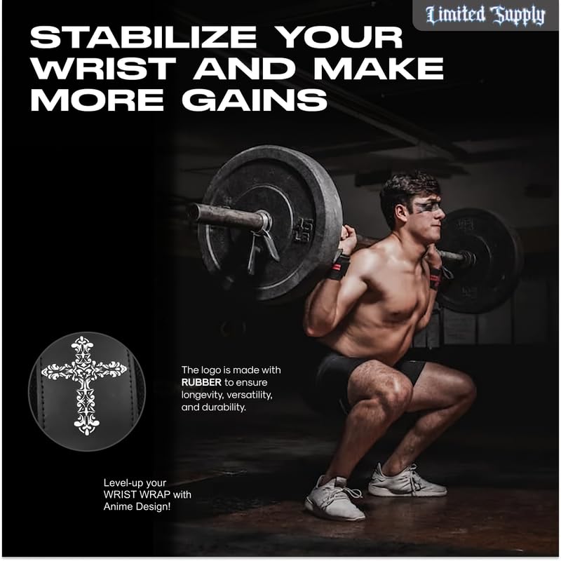 CROWN Anime Wrist Wraps Lifting Straps 24" for Men and Women - 1 Pair Each, Gym Accessories Support Weightlifting, Powerlifting, Strength Training, and Improve Workout, Black Wcross