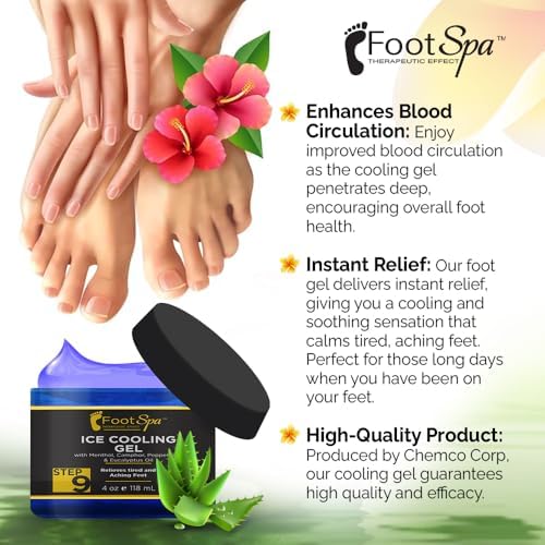 Foot SPA - Massage Cooling Gel for Pedicure Treatment with Menthol, Camphor, Peppermint and Eucalyptus Oil, Professional Strength Foot and Leg Ice Cooling Gel Therapy, Relives Tired Aching Feet, 4 oz