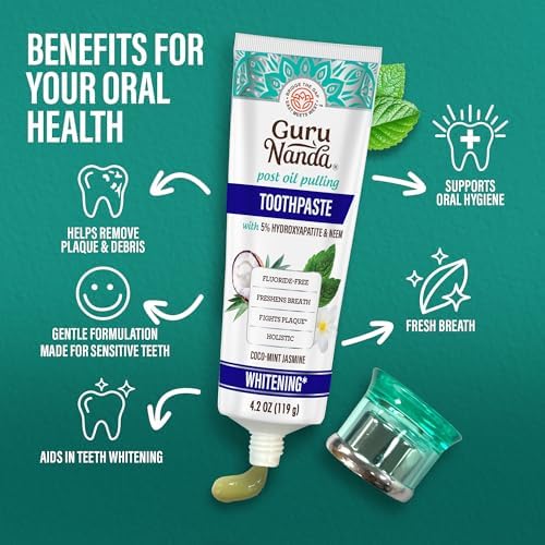 GuruNanda Hydroxyapatite Toothpaste, SLS & Fluoride Free (4 Pack), Whitening Toothpaste - Freshens Breath, Fights Plaque - with 2 Toothbrushes, 2 Tongue Scrapers & 2 Tube Squeezers