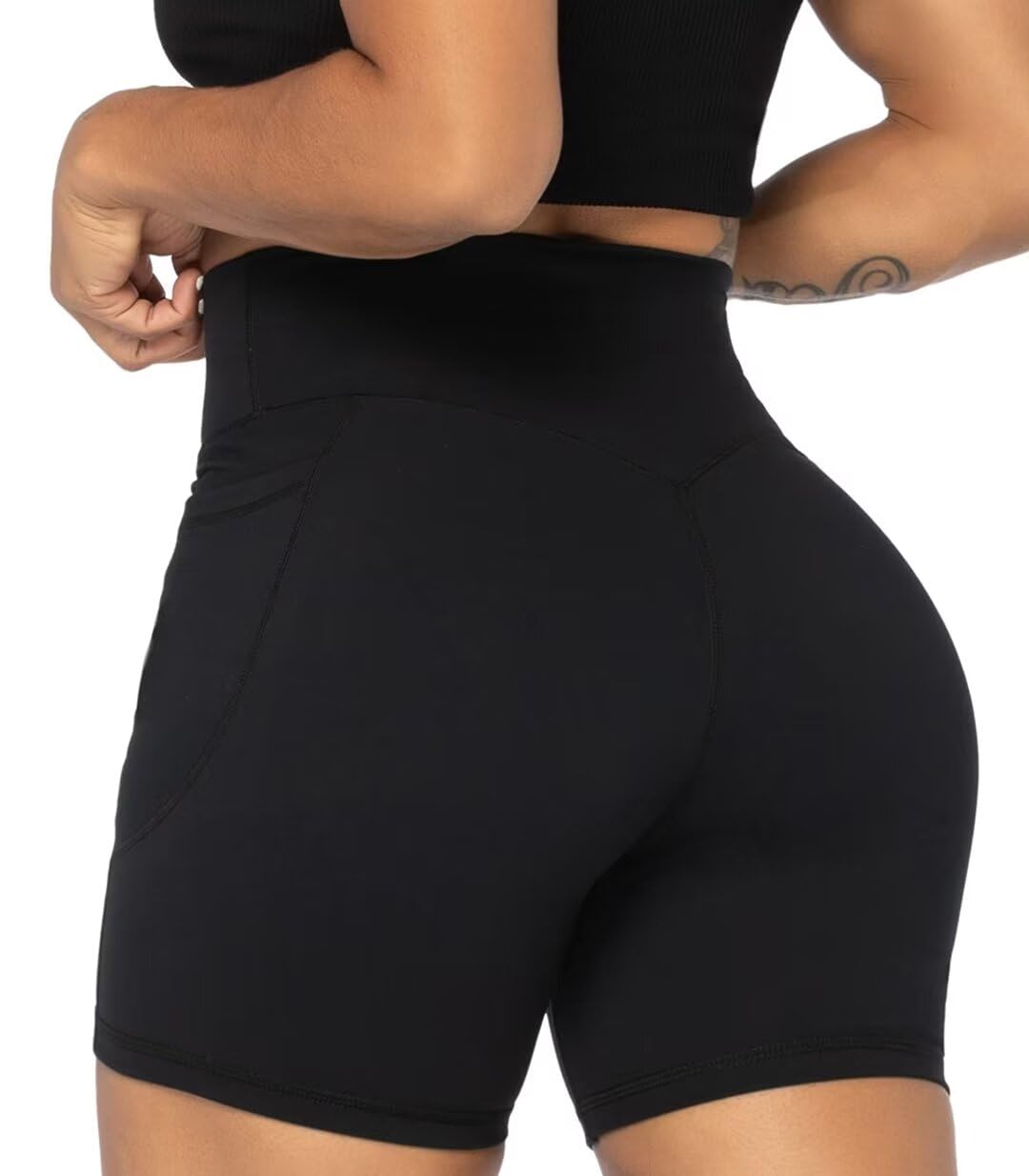 Sunzel Women's Biker Shorts in High Waist Tummy Control with Deep Pockets 5" Black+Black (2 Pack) X-Small